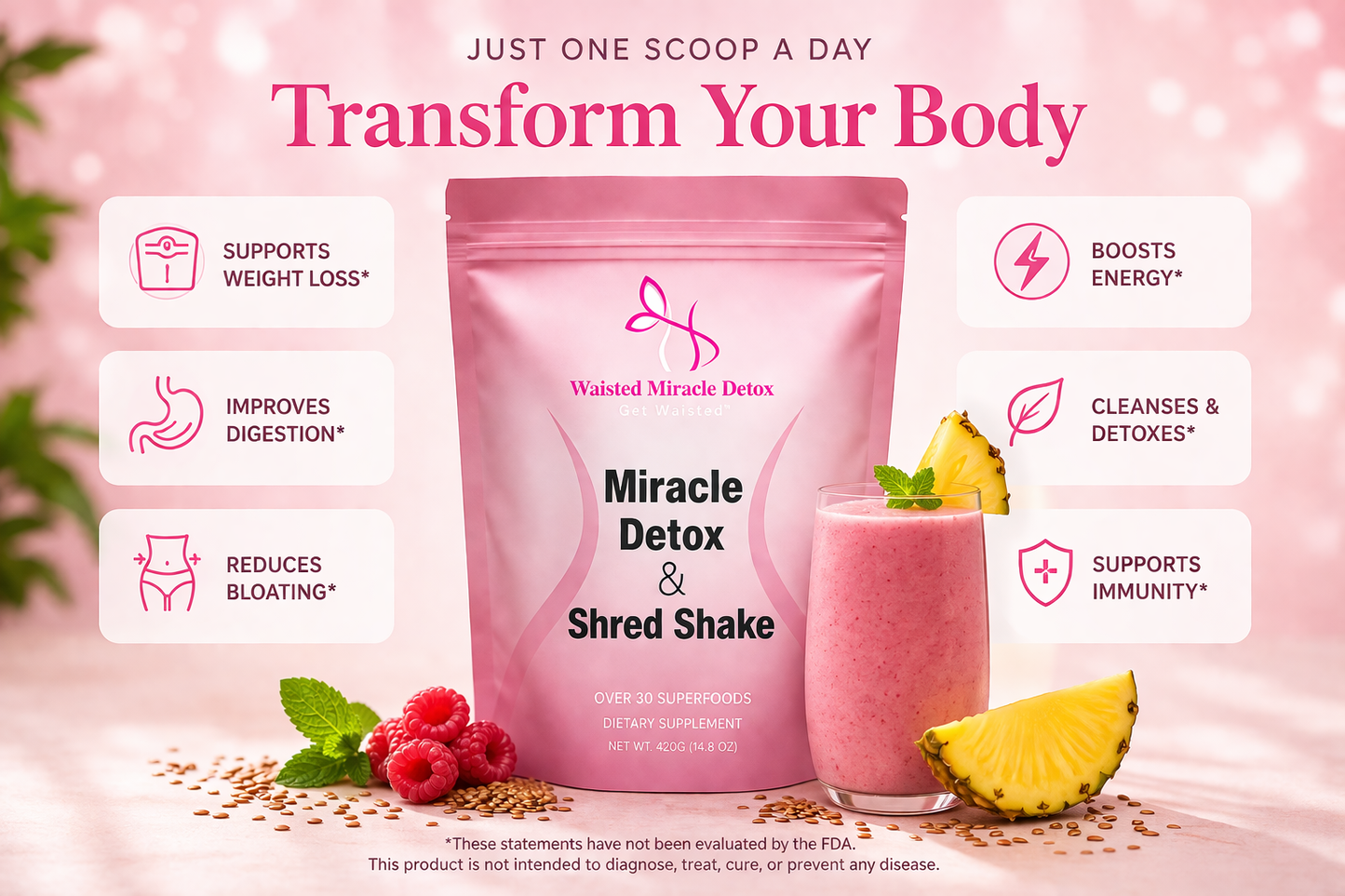 Lose belly fat beat bloating & feel in control again with Waisted Miracle Detox & Shred Shake Powder for digestion and energy.