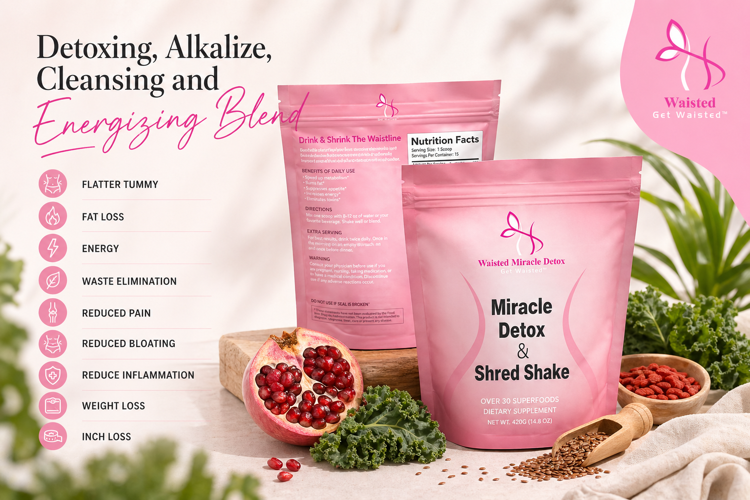 Lose belly fat beat bloating & feel in control again with Waisted Miracle Detox & Shred Shake Powder.