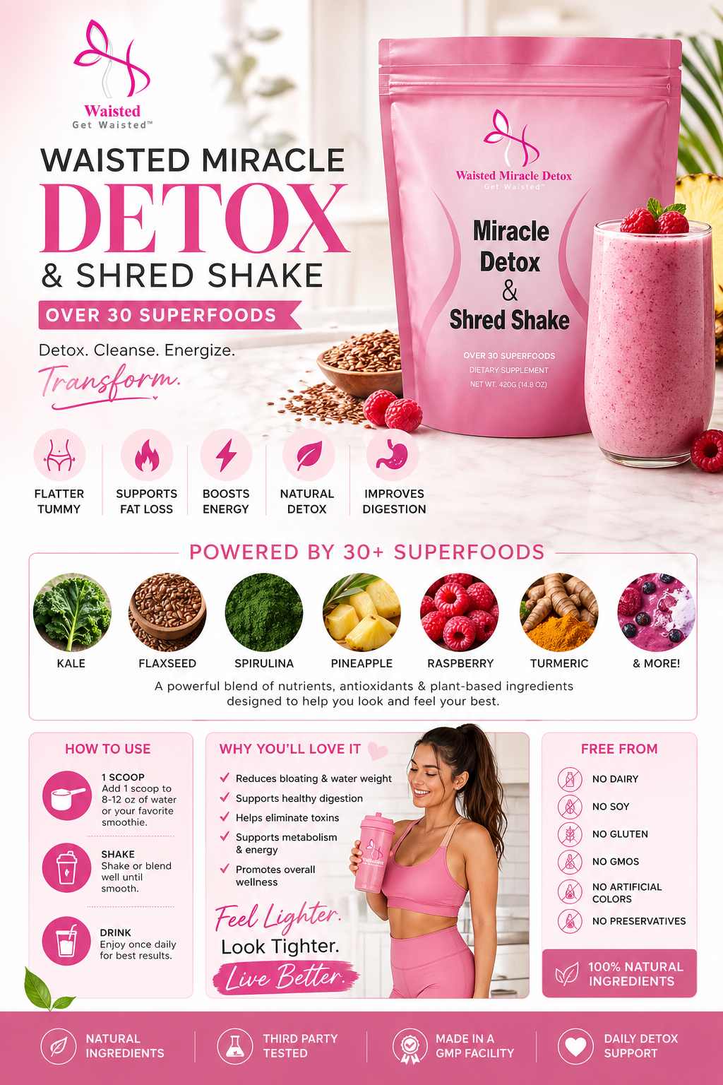 Lose belly fat beat bloating & feel in control again with Waisted Miracle Detox & Shred Shake Powder featuring superfoods.