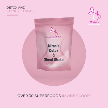 Waisted Miracle Detox & Shred Shake is a 28-serving shake that helps you shed belly fat, eliminate bloating, toxins, parasites, feces, and kickstart your metabolism.